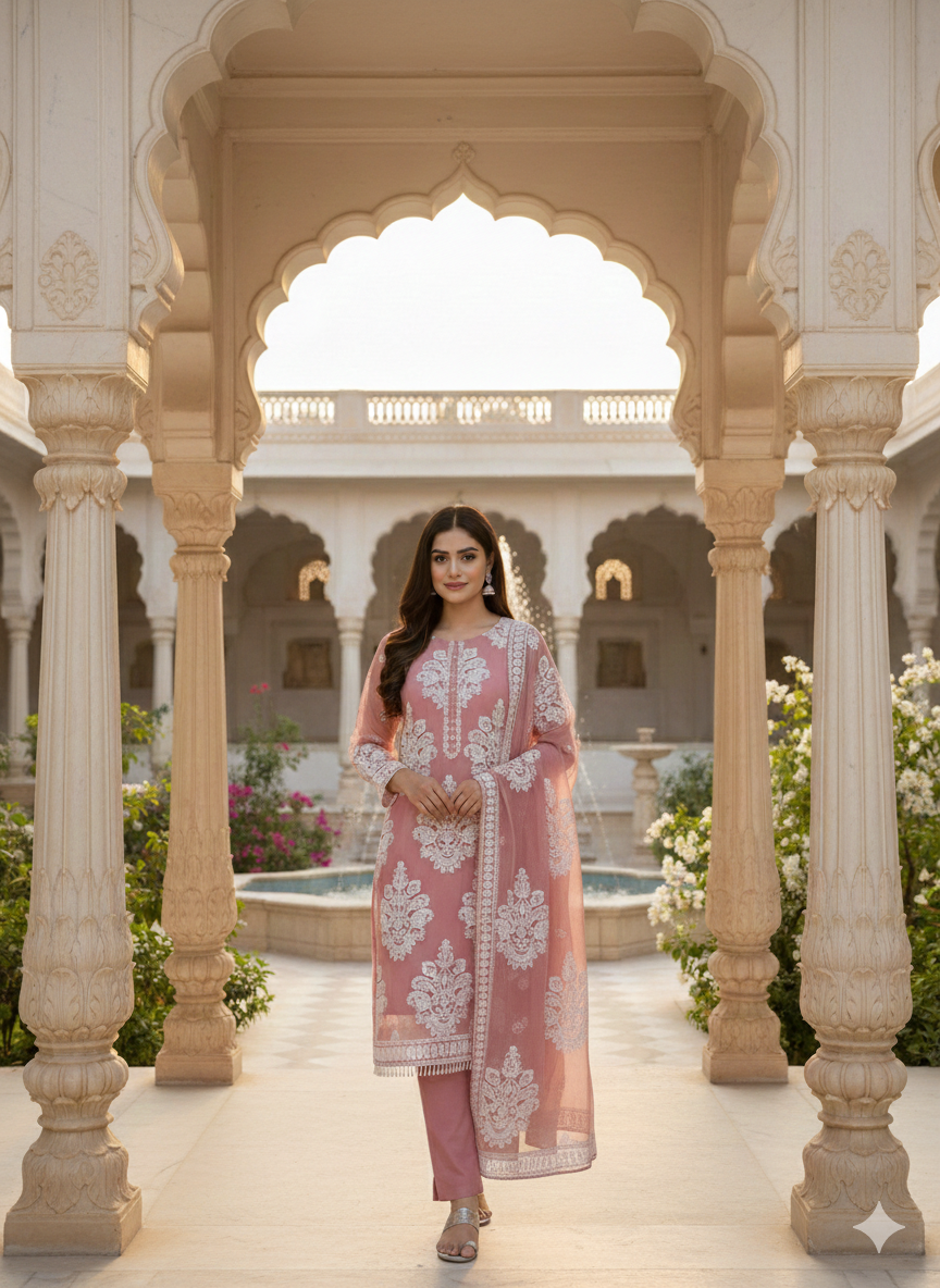 Lf020- 3pc Organza Embroidered Shirt With Dupatta And Trouser