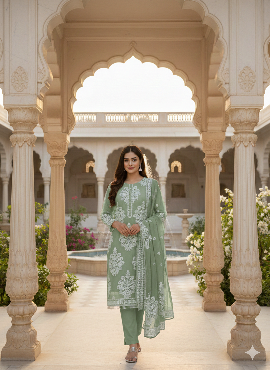 Lf020- 3pc Organza Embroidered Shirt With Dupatta And Trouser