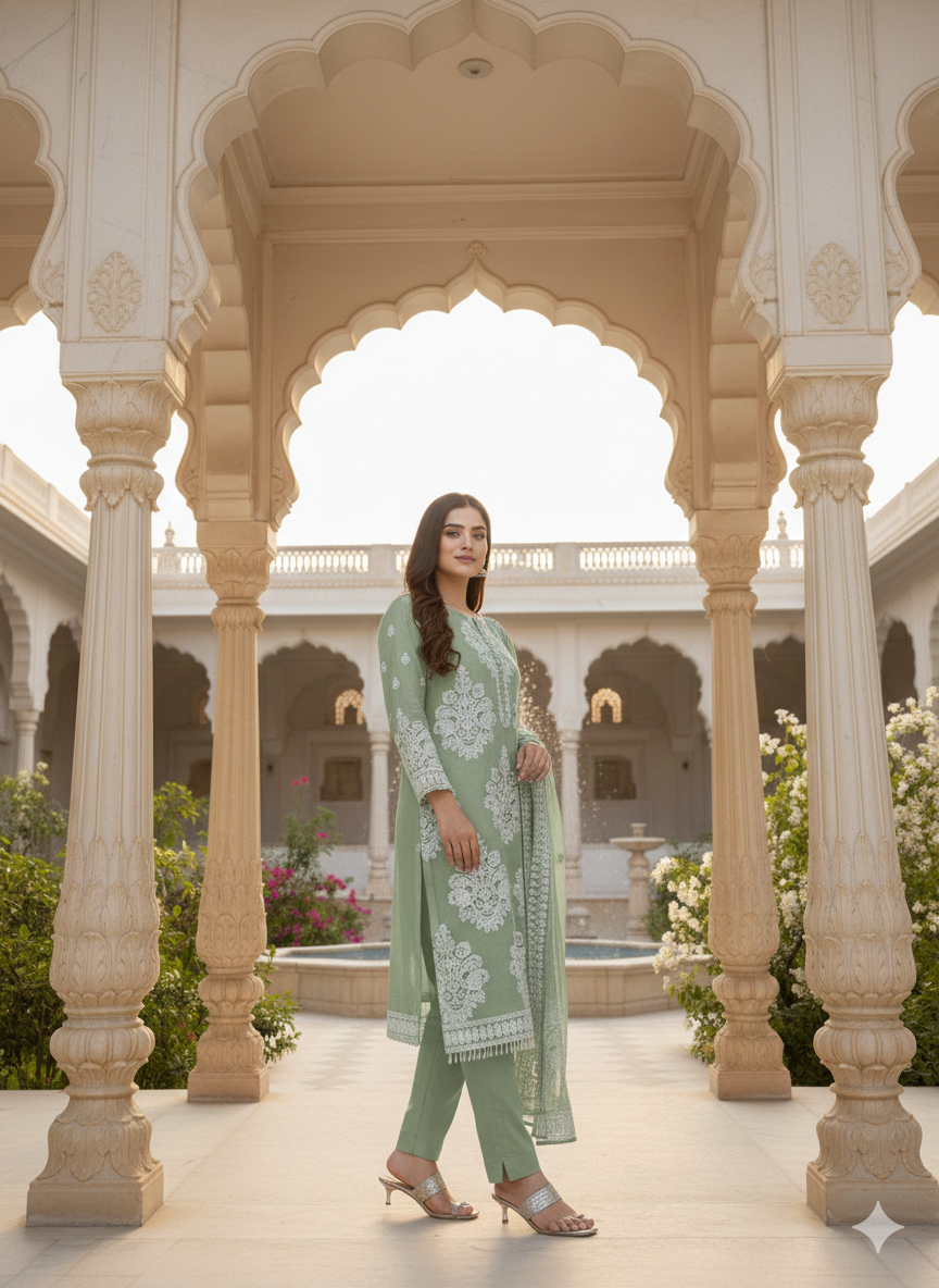 Lf020- 3pc Organza Embroidered Shirt With Dupatta And Trouser