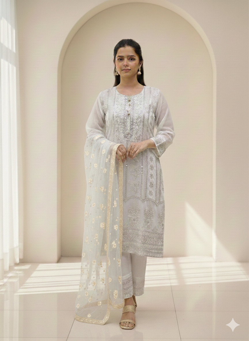 Lf022- 3pc Fancy Organza Shirt With Dupatta and Trouser