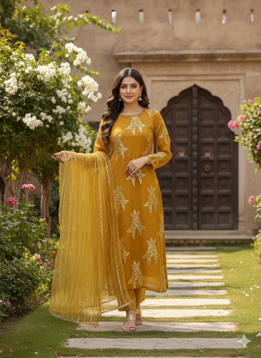 Lf023- 3pc Handmade Shafoon Long Shirt With Trouser And Organza Dupatta
