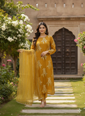 Lf023- 3pc Handmade Shafoon Long Shirt With Trouser And Organza Dupatta