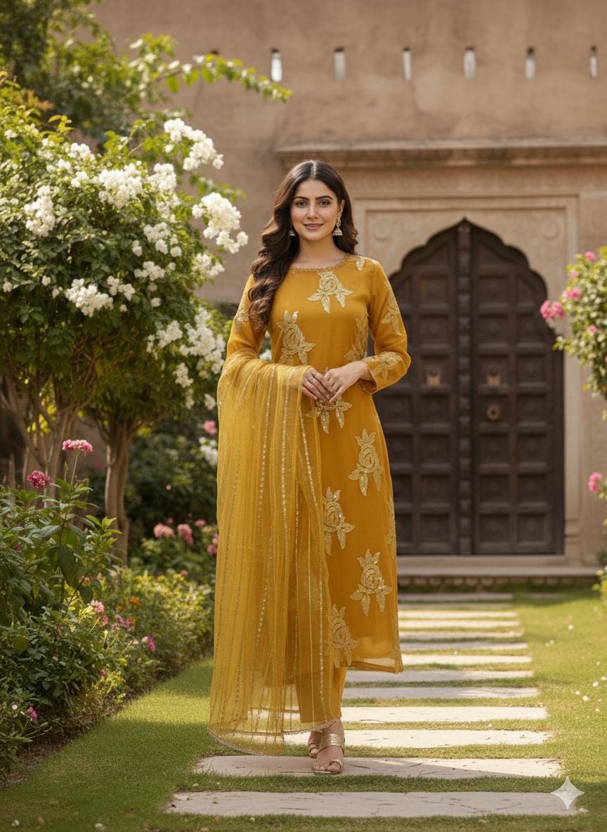 Lf023- 3pc Handmade Shafoon Long Shirt With Trouser And Organza Dupatta