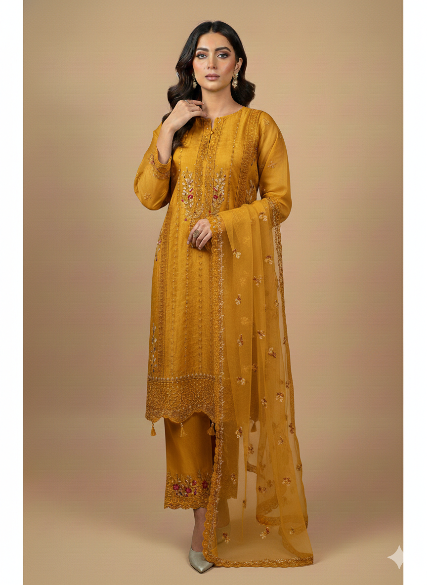 Lf024- 3pc Organza Embroidered Shirt With Trouser And Dupatta