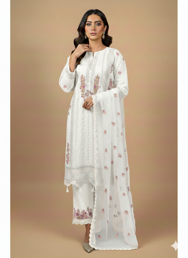 Lf024- 3pc Organza Embroidered Shirt With Trouser And Dupatta