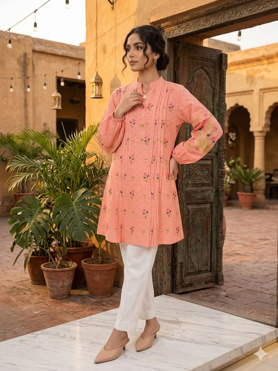 St125- Cotton Frill Random Embroidered Frock