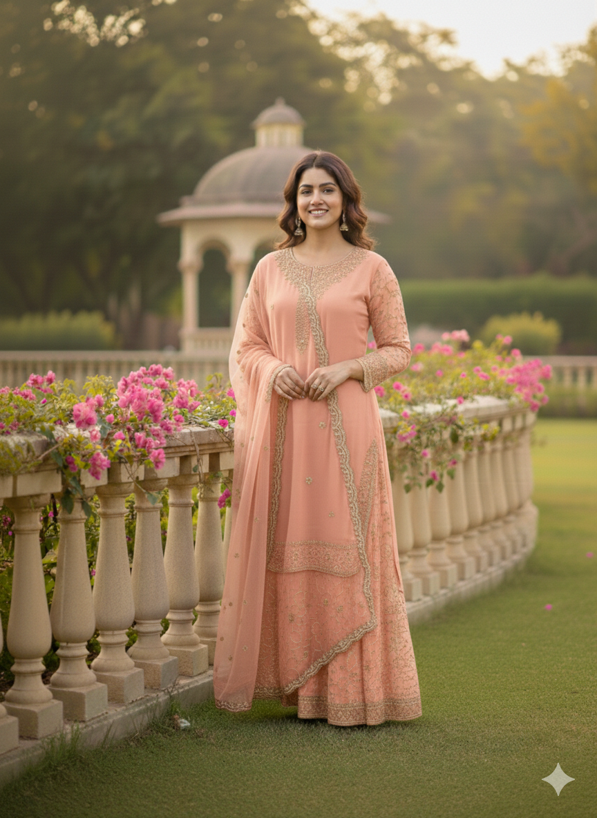 Lf004- 3pc Shafoon Handmade Shirt With Shafoon Sharara And Dupatta