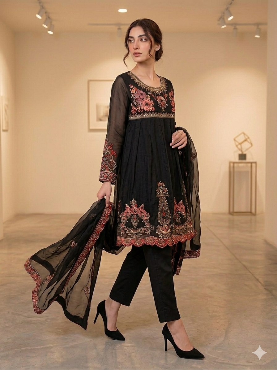 Lf072- 3pc Organza Embroidered Frock With Trouser And Organza Embroidered Dupatta