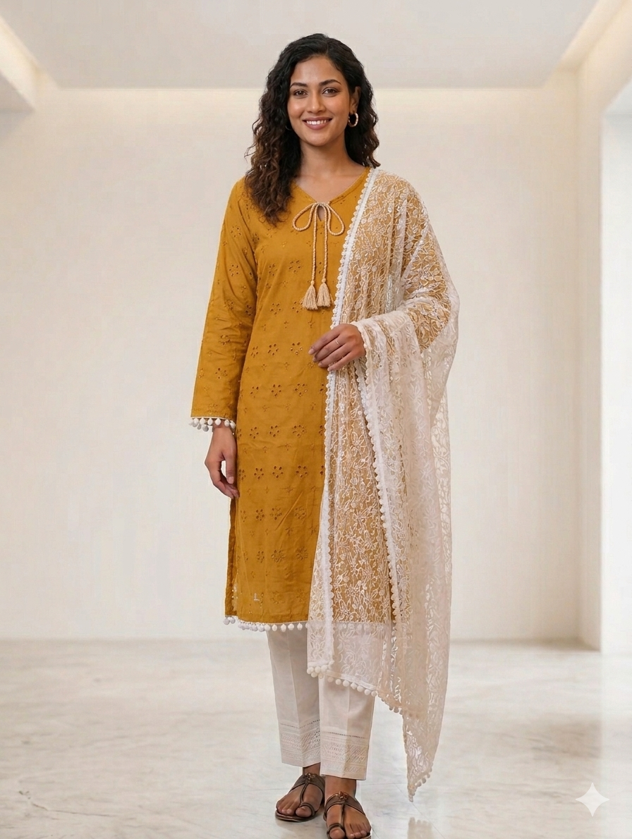 Sw003- 3pc Chickenkari Long Shirt With Chicken Trouser And Net Dupatta