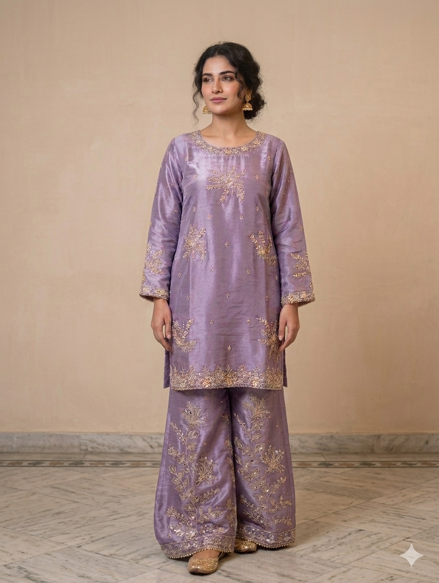Lf094- 3pc Sheesha Silk handmade Shirt With Flapper And Dupatta
