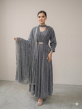 Lf047- 3pc Moonlight Maxi With Separate Sleeves Neckline, Motif Belt And Dupatta