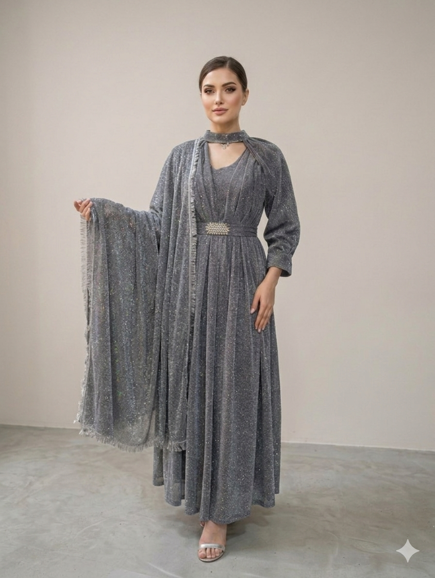 Lf047- 3pc Moonlight Maxi With Separate Sleeves Neckline, Motif Belt And Dupatta