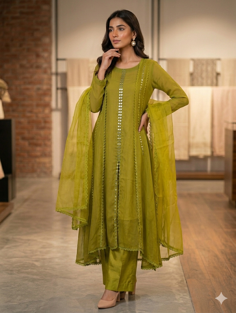 Lf088- 3pc Shafoon Mirror Work Frock With Trouser And Shafoon Dupatta