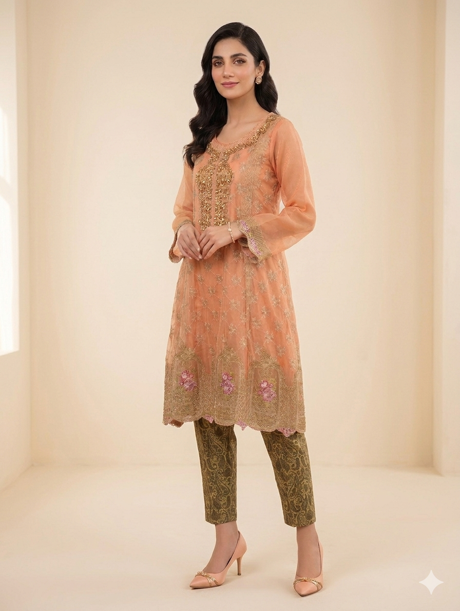 Lf081- 3pc Masoori Embroidered Frock With Jamawar Trouser And Shafoon Dupatta