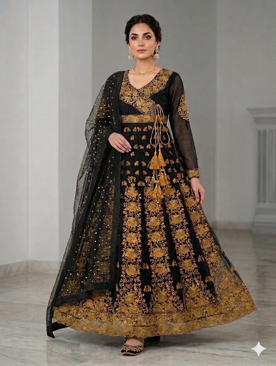 Lf091- 3pc Shafoon Embroidered Andrakha Maxi With Trouser And Dupatta