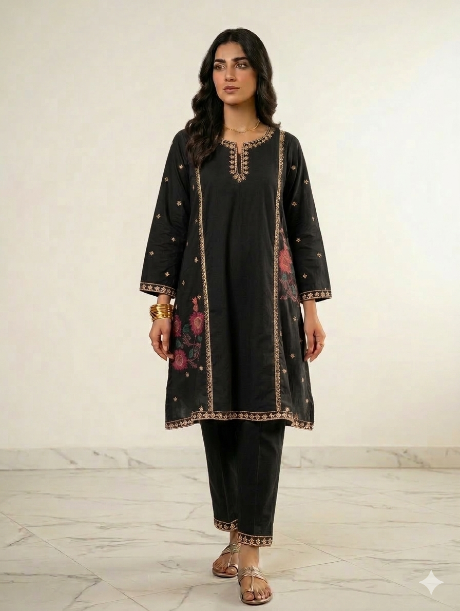 S002- 2pc Slub Embroidered Frock With Trouser