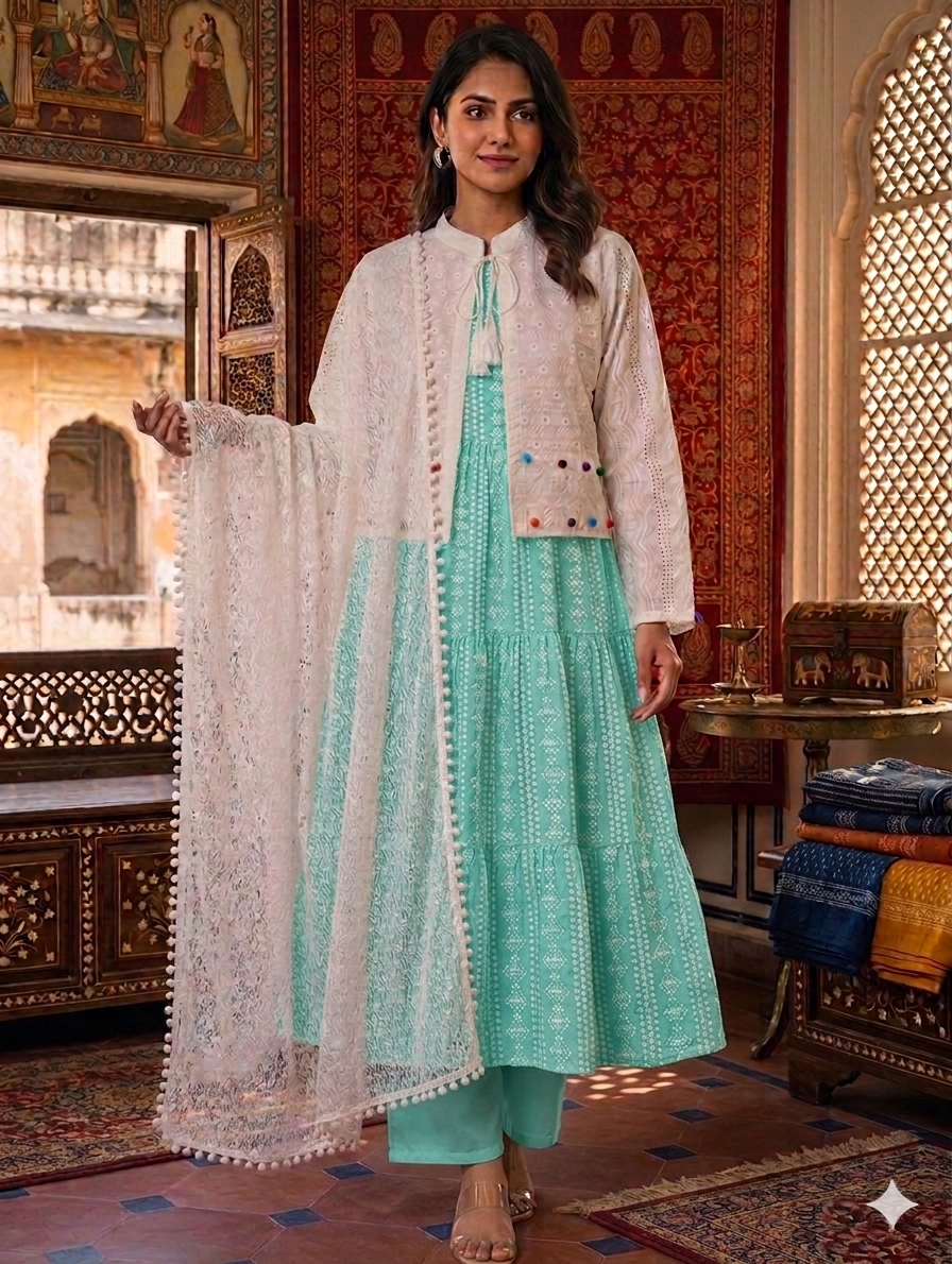 Sw002- 3pc Lawn Chunri Maxi With Chicken Koti, Trouser And ChickenNet Dupatta