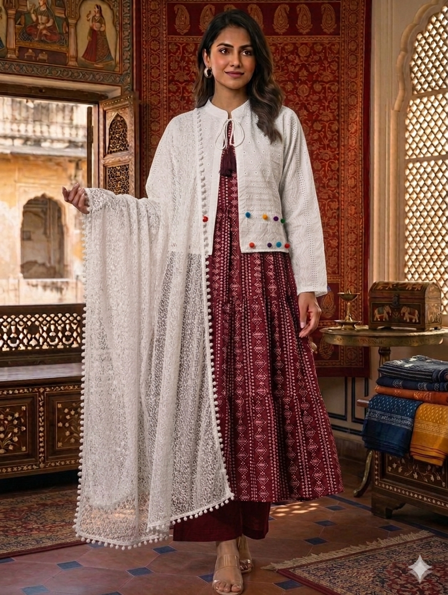 Sw002- 3pc Lawn Chunri Maxi With Chicken Koti, Trouser And ChickenNet Dupatta