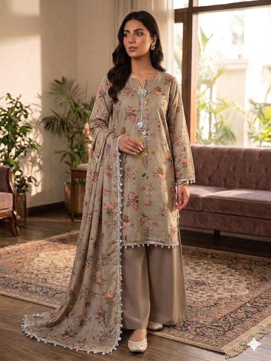 Lf028- Printed Sheesha Silk Shirt With Flapper And Printed Sheesha Silk Dupatta