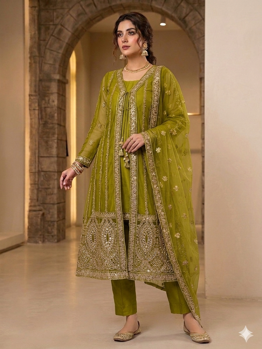 Lf085- 4pc Net Gown Style With Shirt And Trouser And Net Embroidered Dupatta