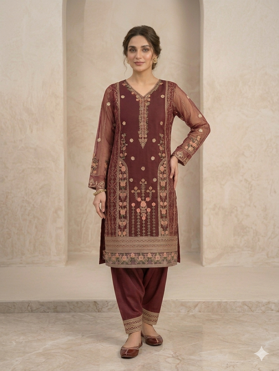 Lf077- 3pc Organza Embroidered Shirt With Trouser And Organza Dupatta