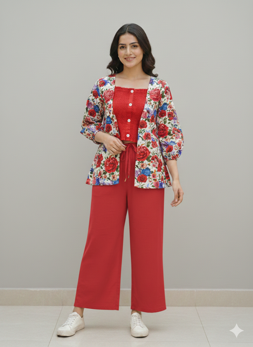 Cs046-3pc Gown Style With Smokey Inner And Trouser