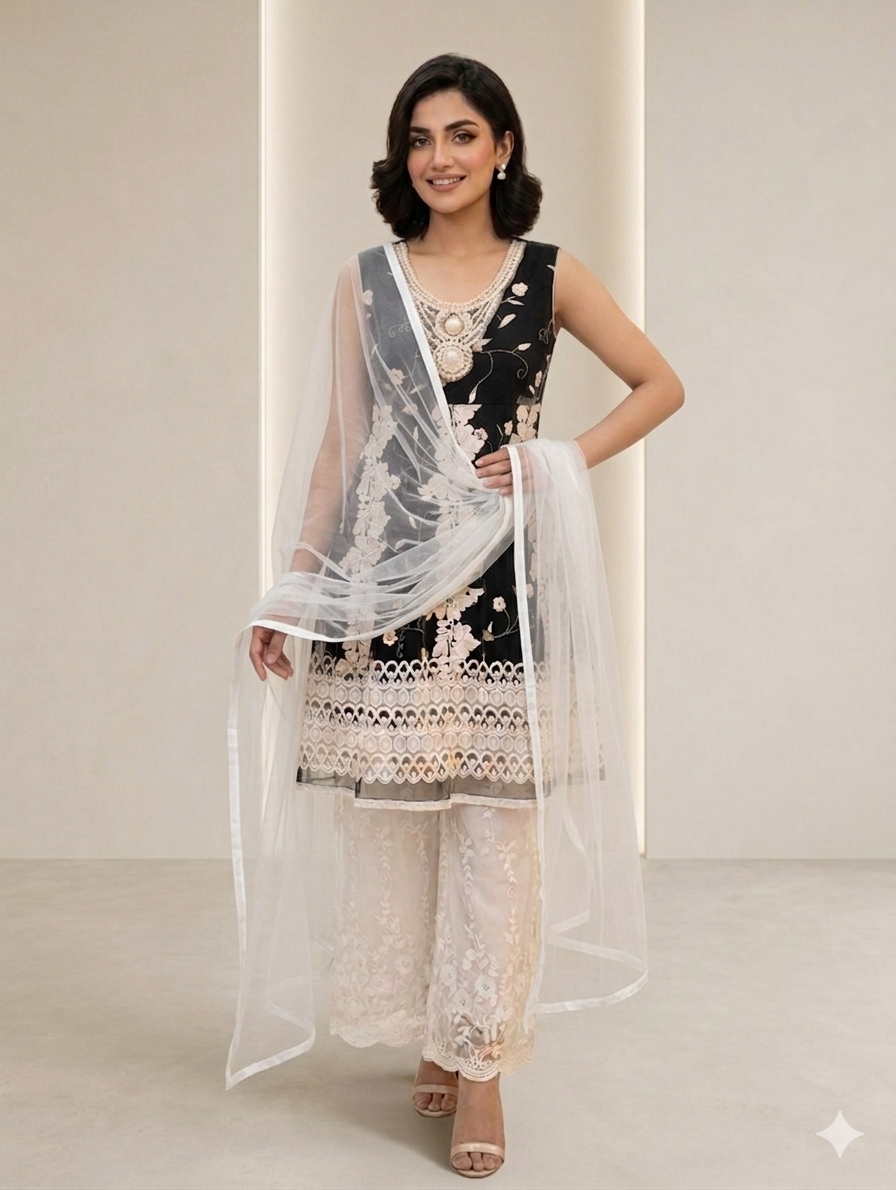Lf078- 3pc Embroidered Net Frock With Straight Trouser And Net Dupatta