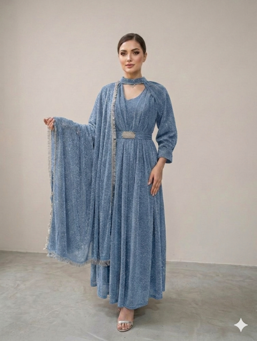 Lf047- 3pc Moonlight Maxi With Separate Sleeves Neckline, Motif Belt And Dupatta