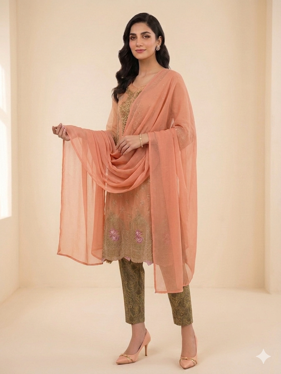 Lf081- 3pc Masoori Embroidered Frock With Jamawar Trouser And Shafoon Dupatta