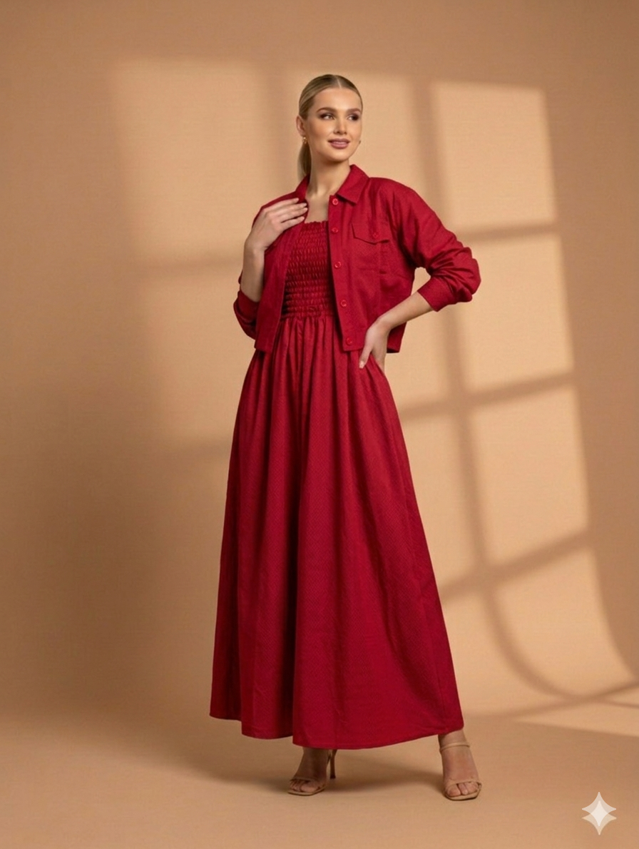 Cs014- 2pc Cotton Romper Maxi With Zipper Jacket