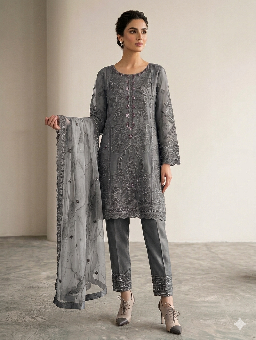 Lf035- 3pc Embroidered Net Shirt With Trouser And Net Embroidered Dupatta