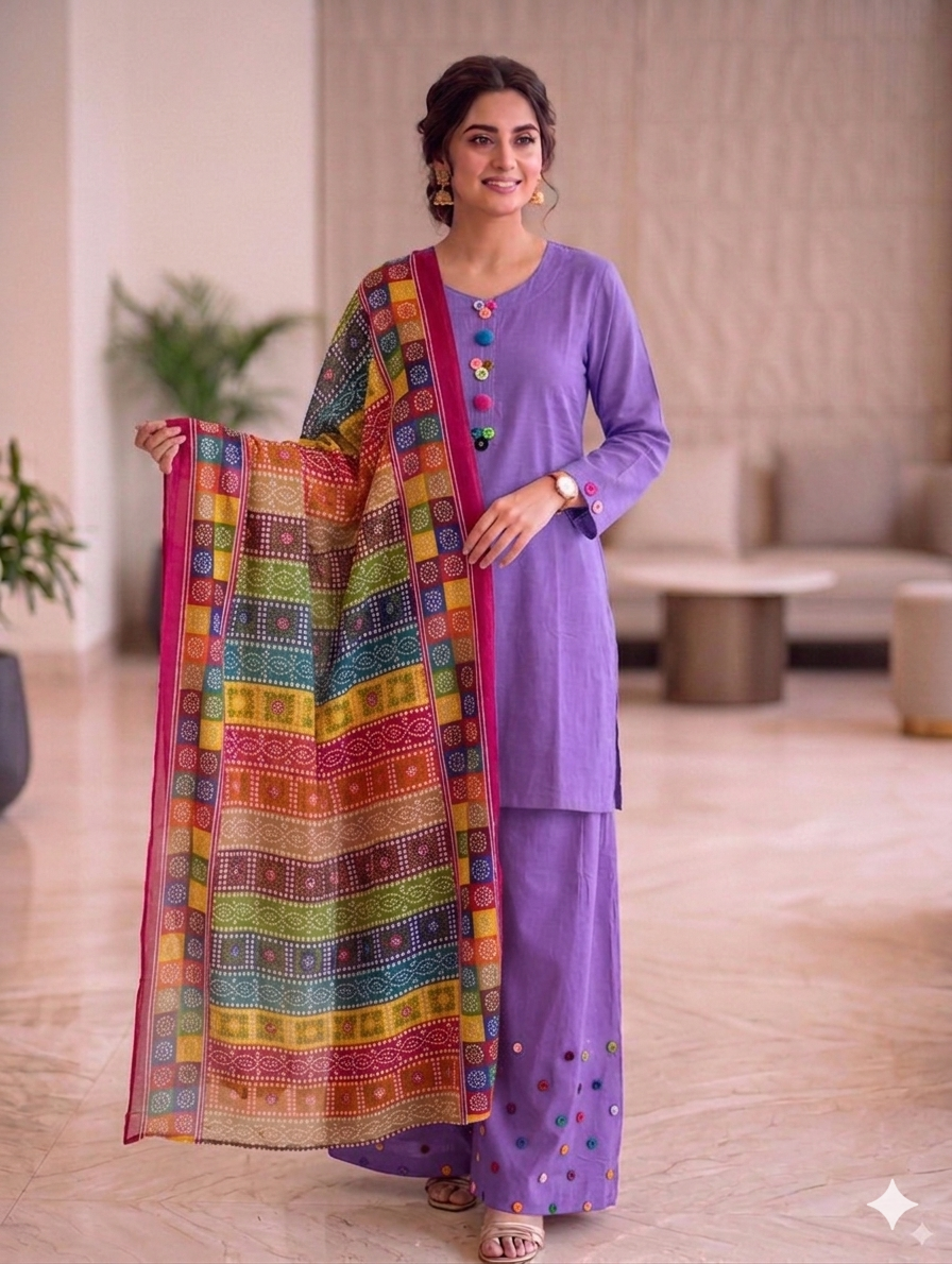 Sw001- Cotton Farshi Shalwar With Shirt And Chunri Multi Dupatta