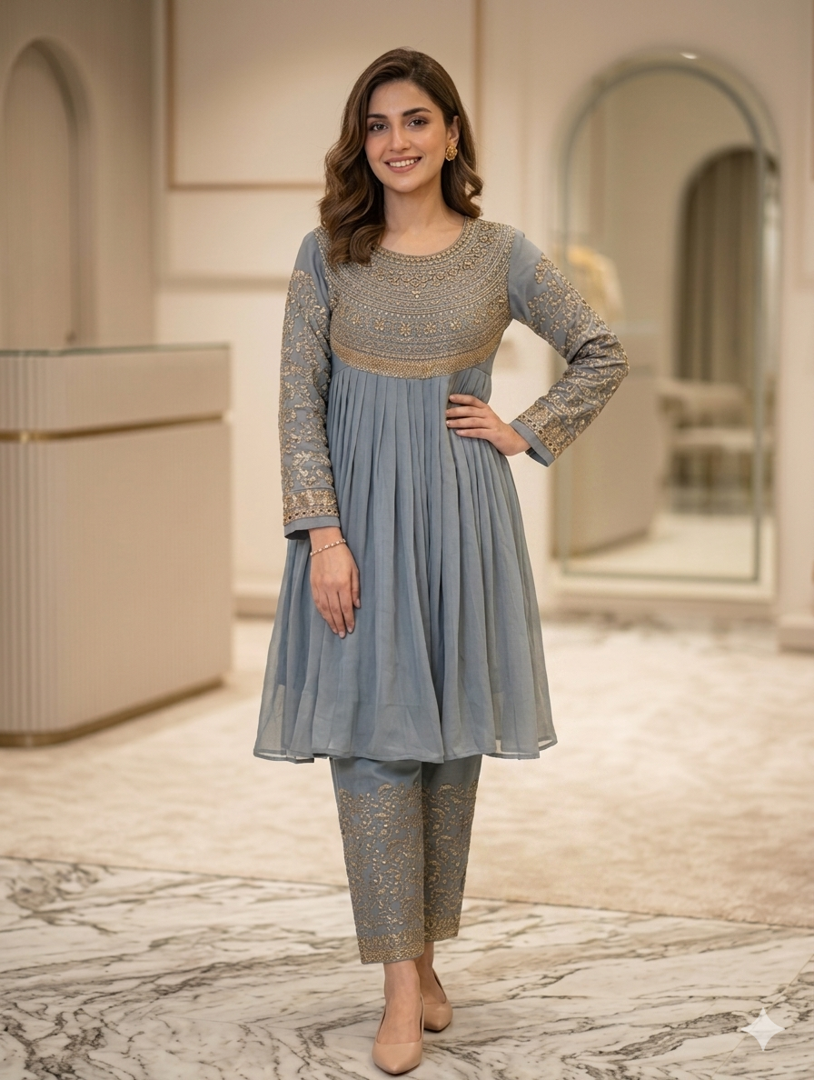 Lf080- 3pc Shafoon Embroidered Frock With Embroidered Trouser And Shafoon Dupatta