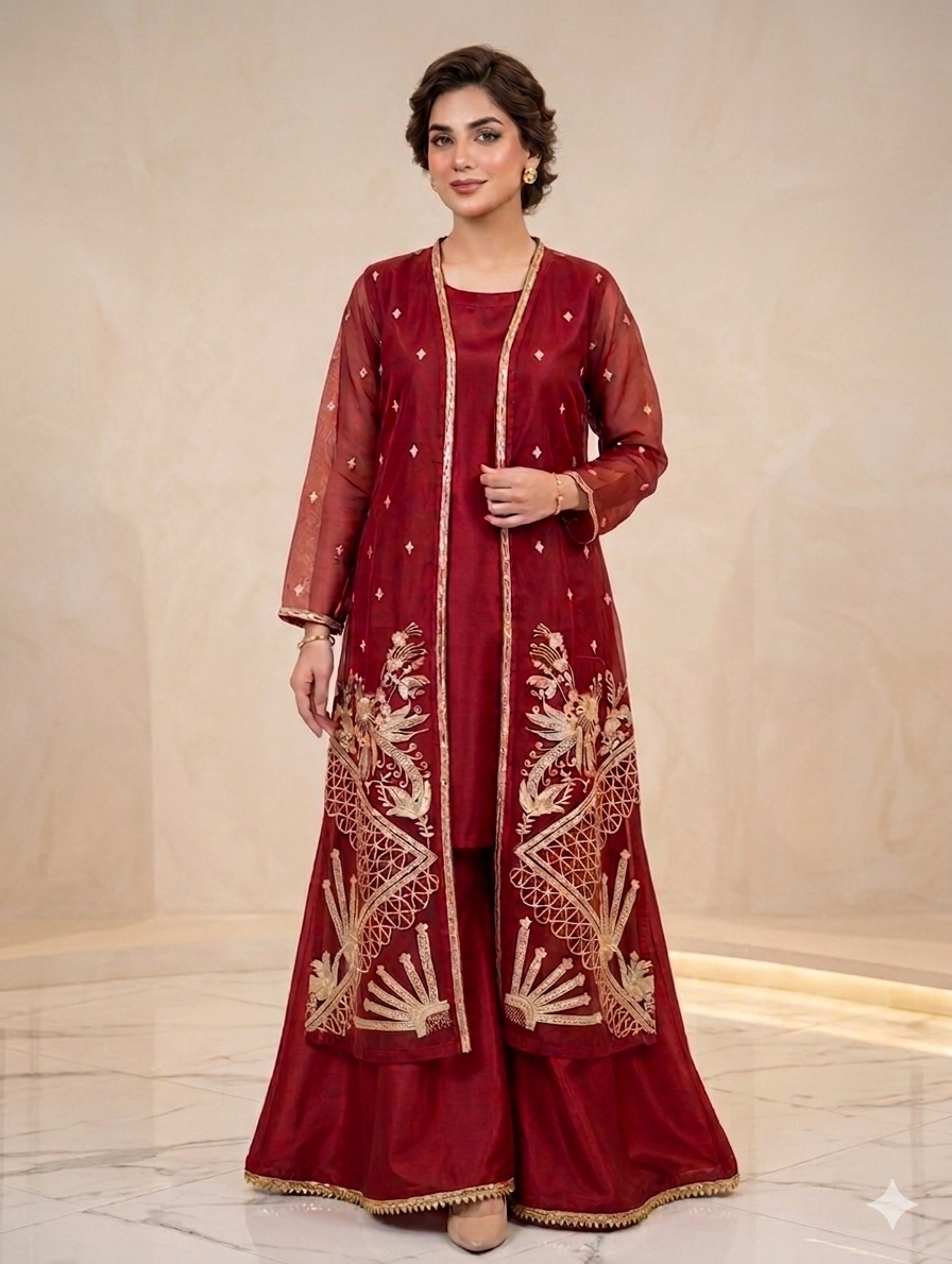 Lf096- 4pc Organza Embroidered Gown Style With Silk Inner, Trouser And Organza Embroidered Dupatta