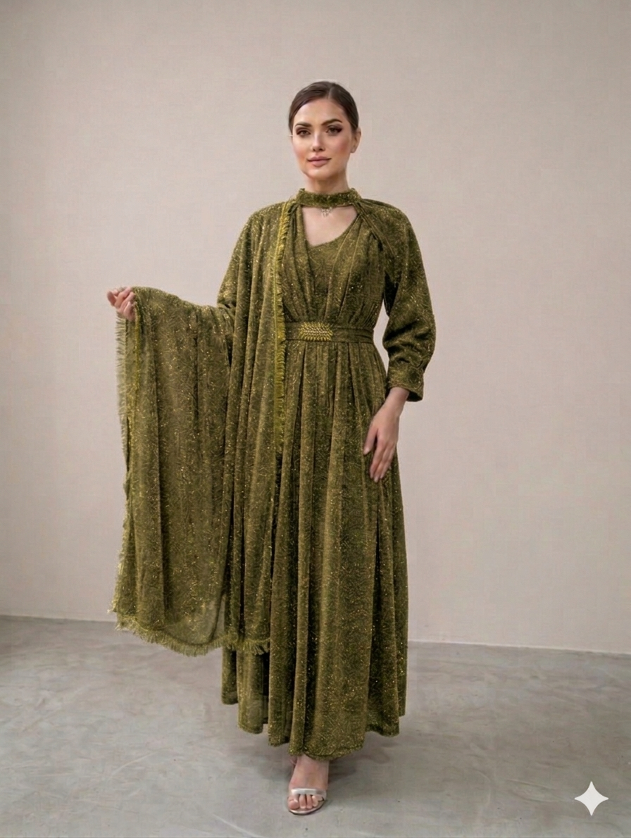 Lf047- 3pc Moonlight Maxi With Separate Sleeves Neckline, Motif Belt And Dupatta
