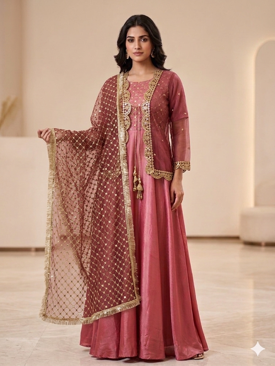 Lf054- 4pc Silk Maxi With Shafoon Neckline And Shafoon Koti With Silk Trouser And Shafoon Sequence Dupatta