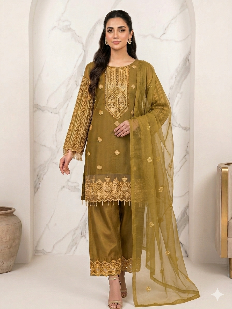 Lf037- 3pc Organza Sequence Embroidered Shirt With Trouser And Net Dupatta