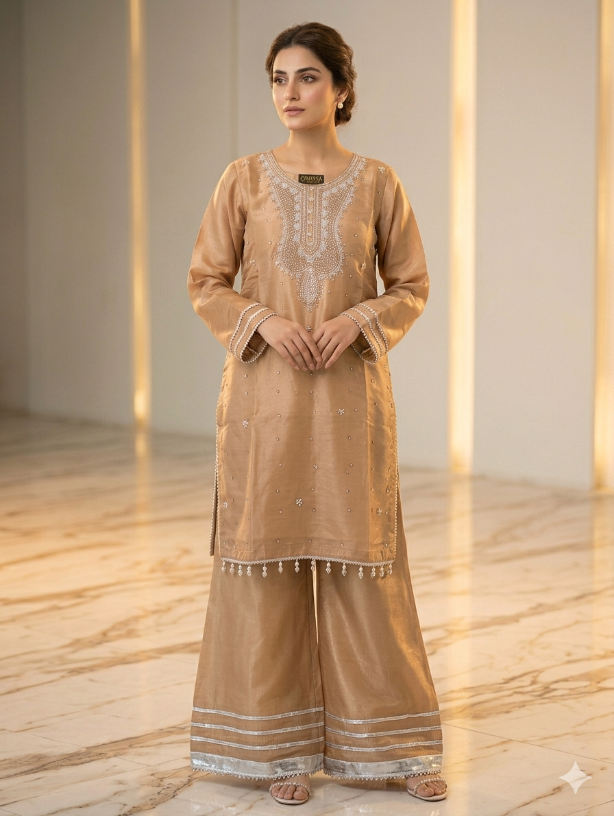 Lf026- 3pc Sheesha Silk HandMade Shirt With Flapper And Stone Work Dupatta