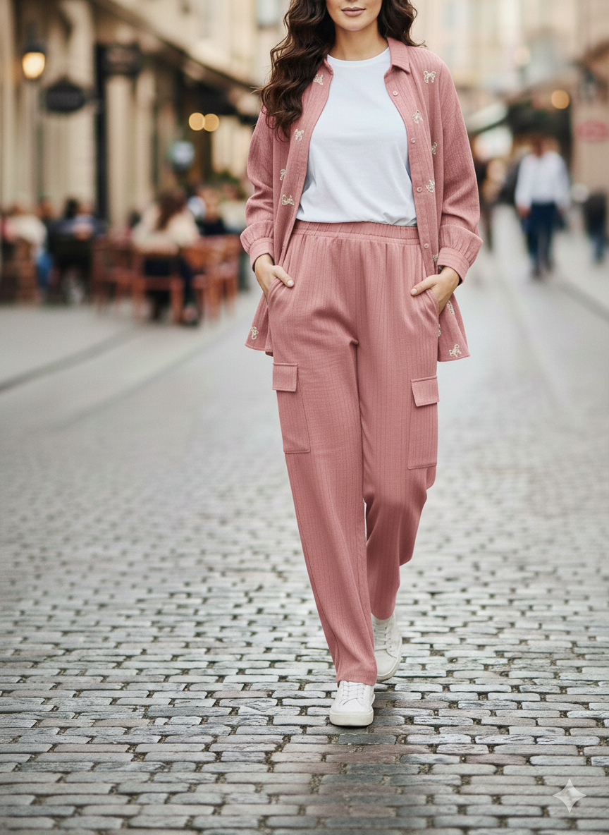 Cs023- 3pc Crush Button Down Shirt With Inner And Cargo Trouser