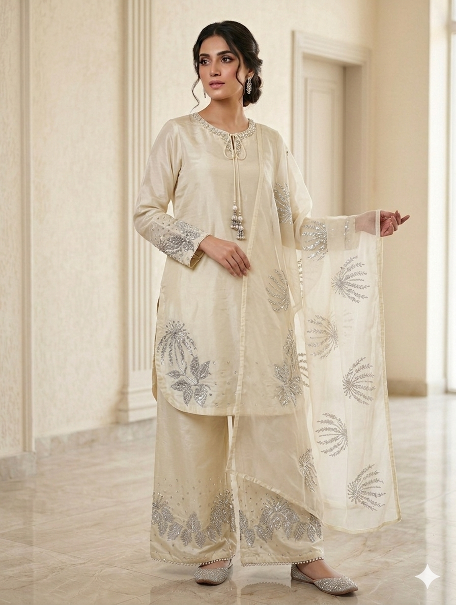Lf032- 3pc Sheesha Silk HandMade Shirt With Straight Trouser And HandMade Dupatta