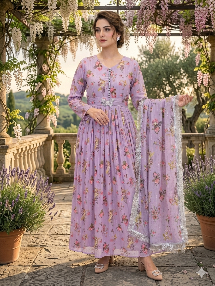 Lf050- Trending Printed Sheesha Silk Maxi With Trouser And Sheesha Silk Dupatta