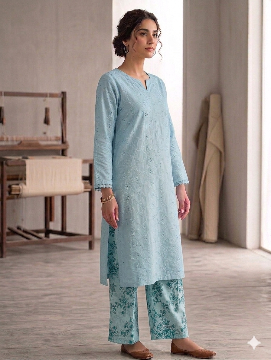 Sw006- Chickenkari Long Shirt With Printed Straight Trouser