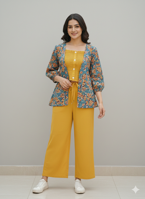 Cs046-3pc Gown Style With Smokey Inner And Trouser