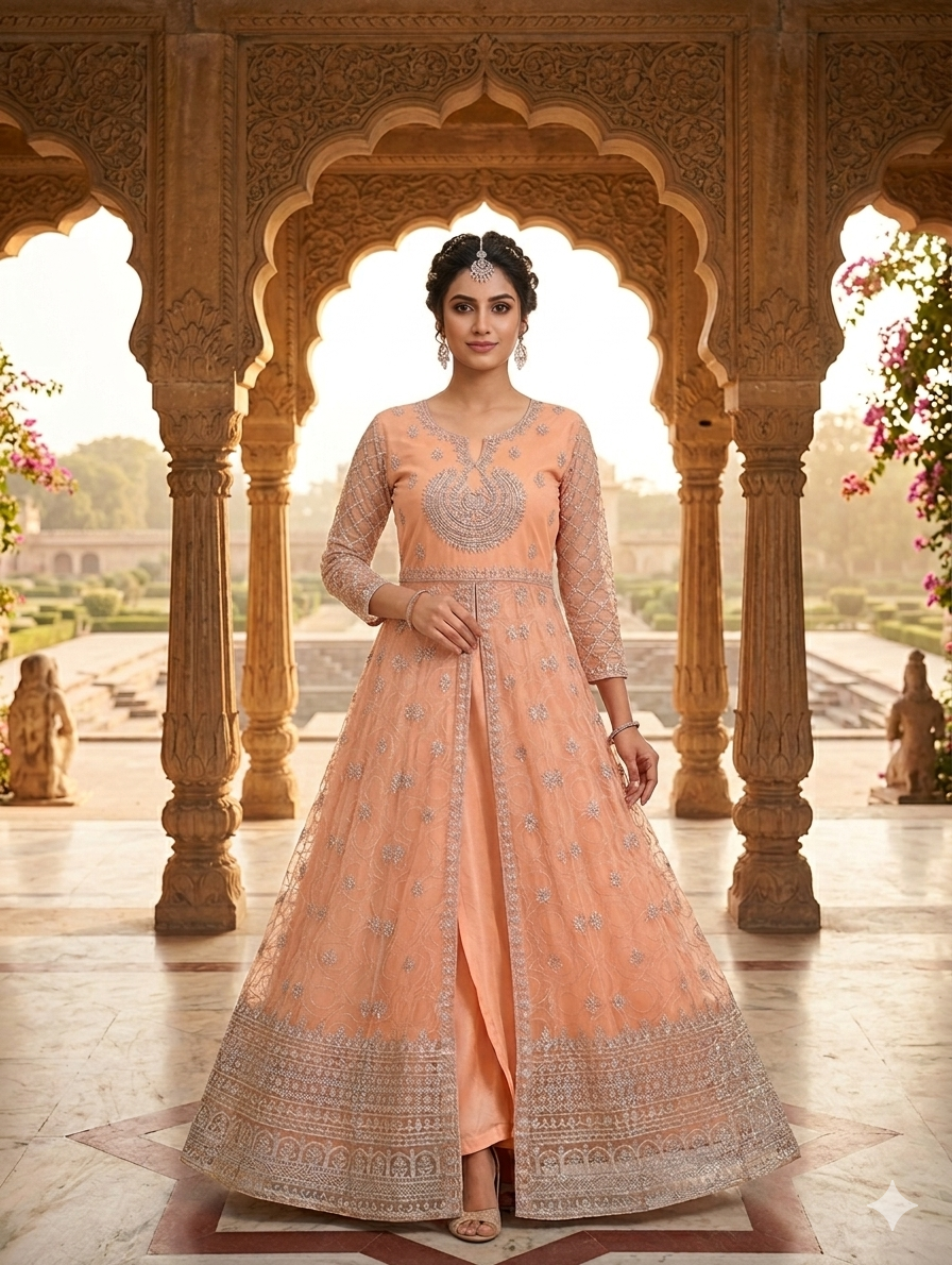 Lf058- 3pc Fancy Gown Style Net Working Maxi With Trouser And Working Dupatta