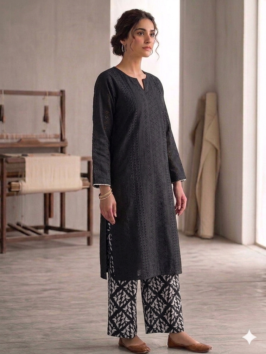 Sw006- Chickenkari Long Shirt With Printed Straight Trouser