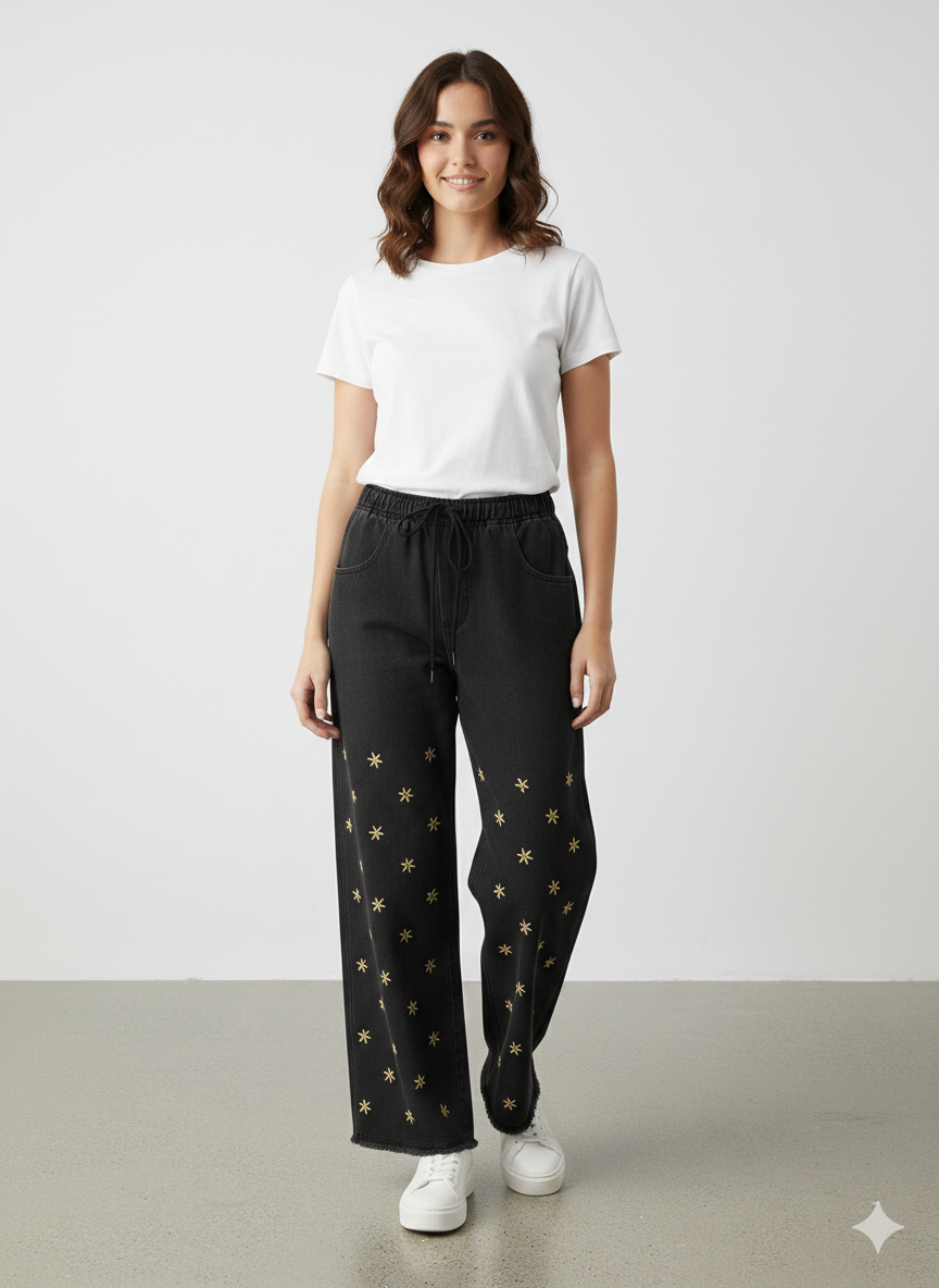 J022- Embroidered Sunflower Baggy Jeans