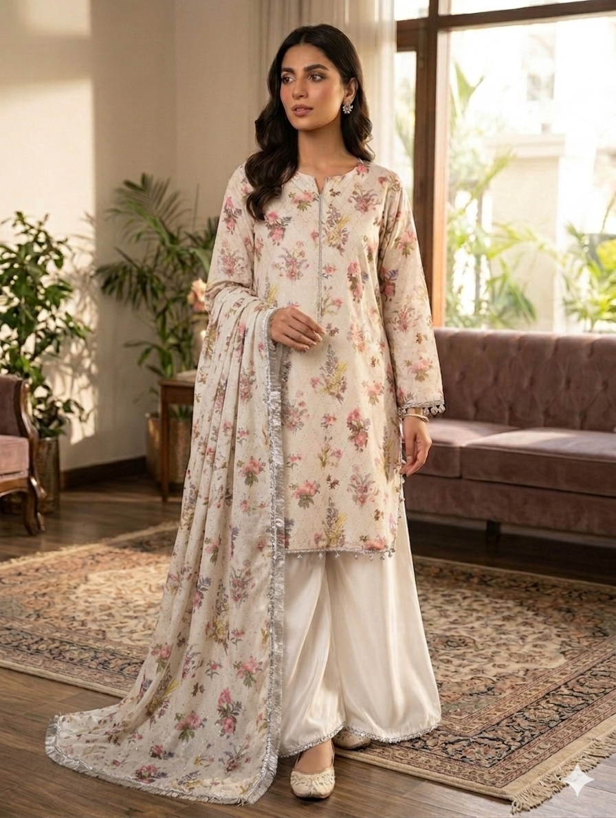 Lf028- Printed Sheesha Silk Shirt With Flapper And Printed Sheesha Silk Dupatta