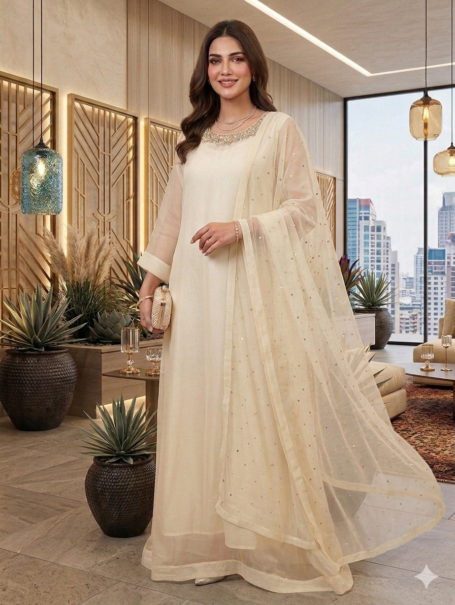 Lf059- 3pc Shafoon Maxi With Handmade Neckline With Trouser And Shafoon Dupatta