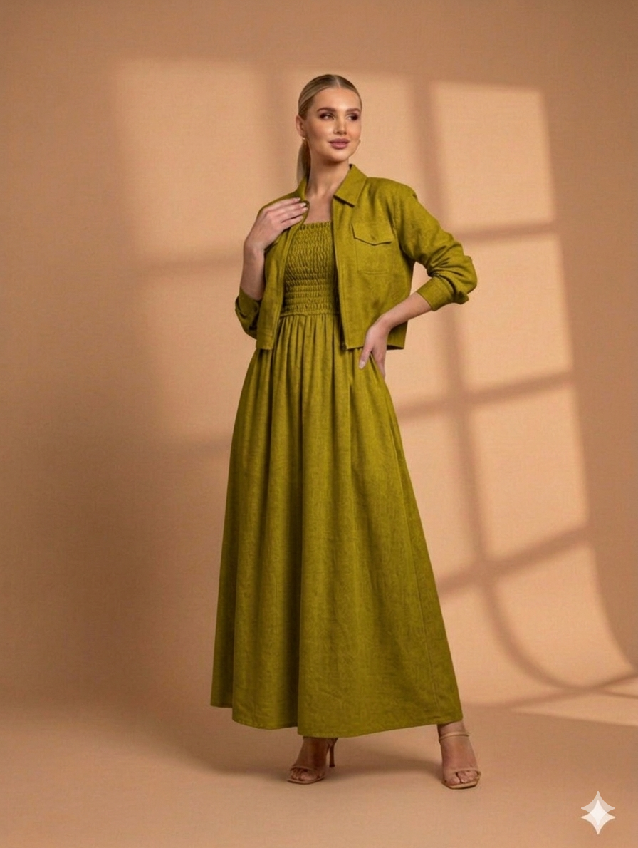 Cs014- 2pc Cotton Romper Maxi With Zipper Jacket
