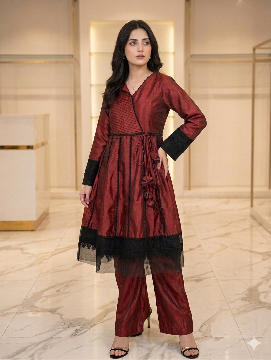 Lf089- 3pc Double Tone Frock With Trouser And Organza Dupatta